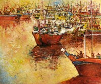 Chitra Pritam, Converging Fish Hunters, 30 x 36 Inch, Oil on Canvas, Seascape Painting, AC-CP-298